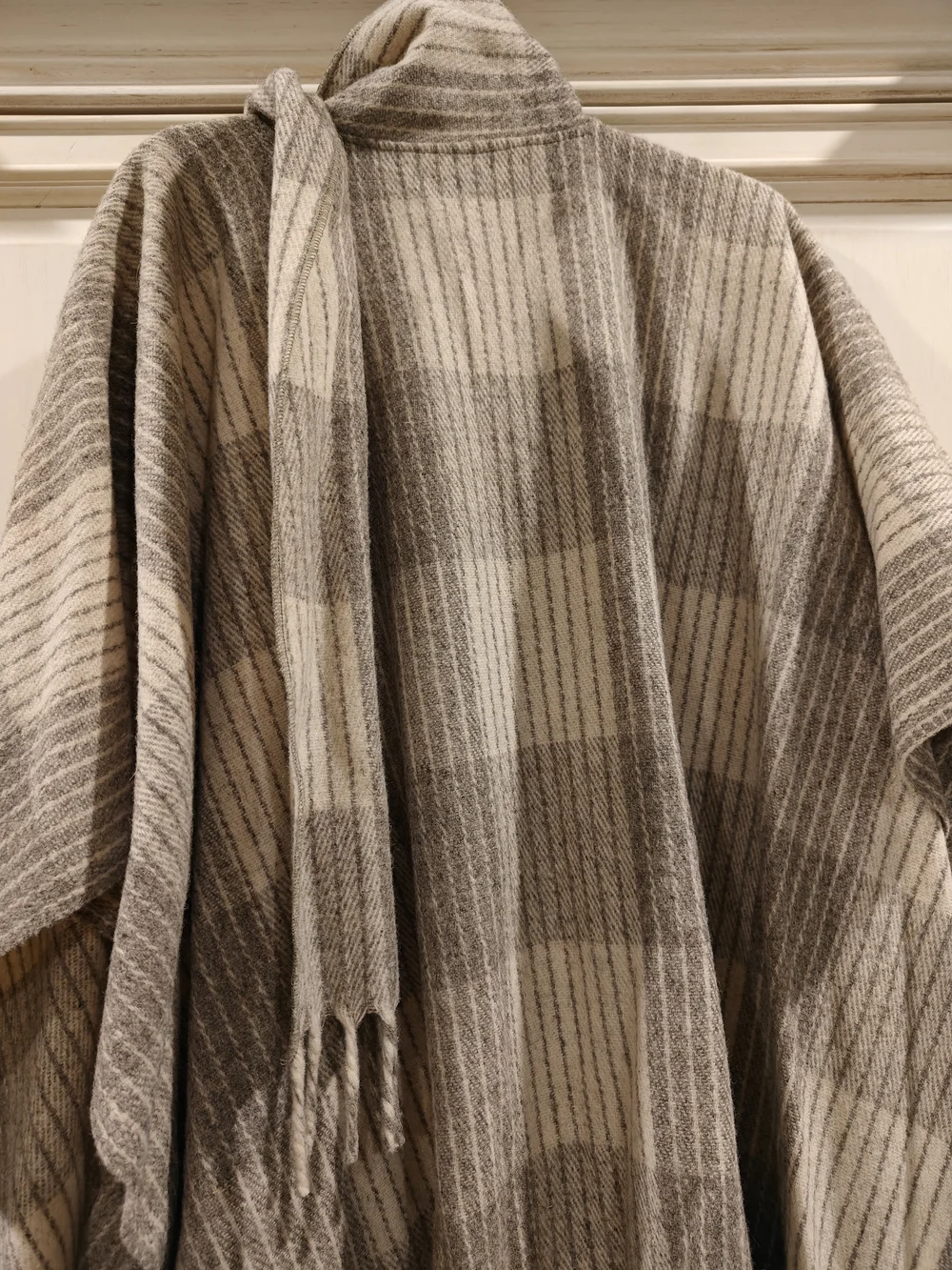 Neutral Plaid Fringe Throw Poncho - Taupe and Cream